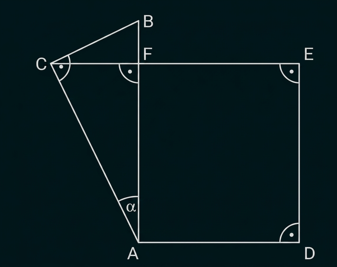 Geometrische Skizze mit Dreieck ABC und Rechteck AFED, markierten Winkeln und Winkel α bei A.